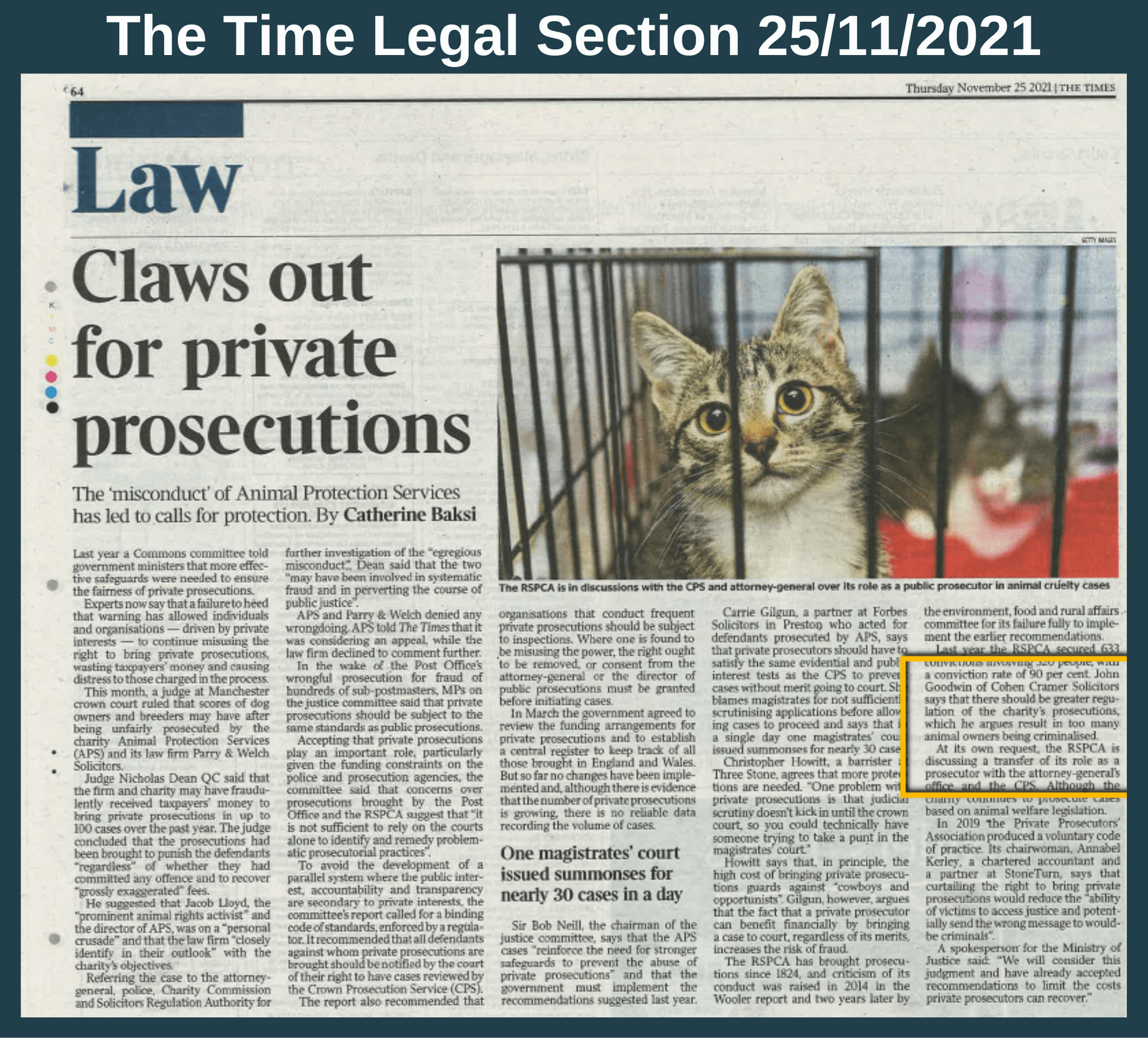 Newspaper headline, Claws out for private prosecutions